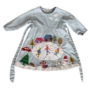 Cotton Kids Vintage Winter Scene Applique Dress Ice Skating Holiday 2T Corduroy